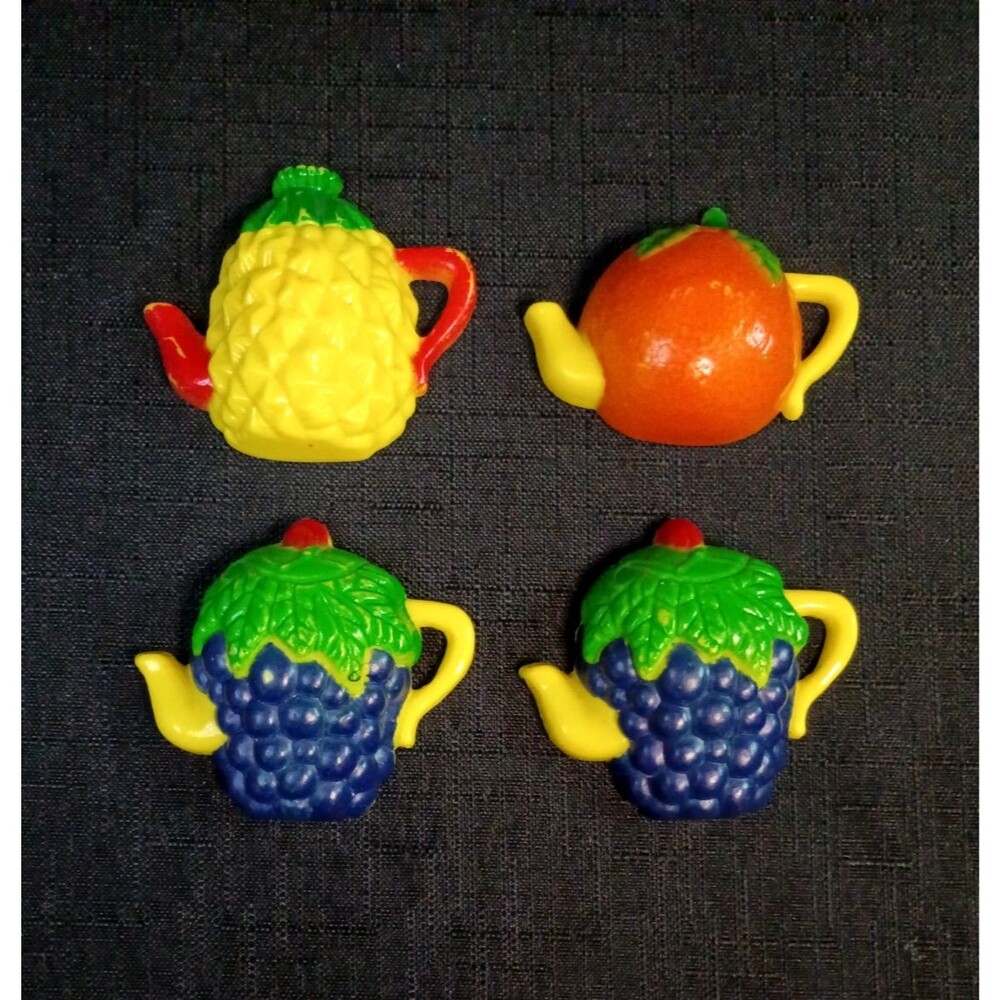 Set of 4 Vintage Magnets Fruit Themed Teapots 3D Plastic Grape Orange Pineapple